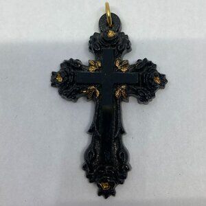 Victorian black jet Christian mourning gothic gold accent cross pendant